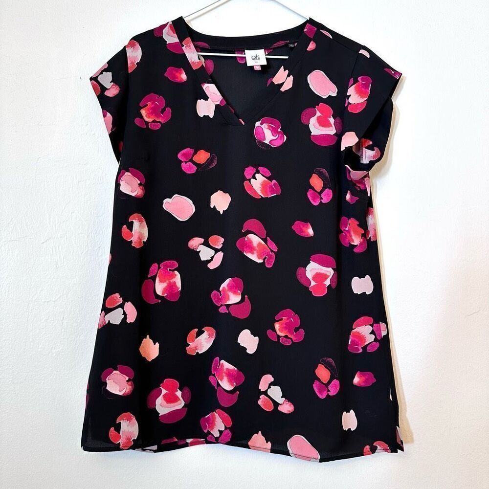 Cabi Floral Petal Print Short Cap Sleeve V Neck Blouse Black Pink Medium